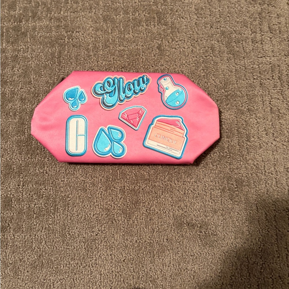 Clinique Pink Cosmetic Bag with Blue Graphics